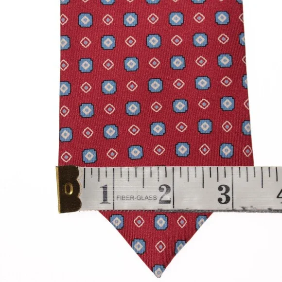 Drake's NWT Neck Tie in Red with Light Blue & White Geometric Pattern 100% Silk